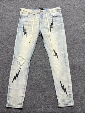THRT Jeans Mens 38 Distressed Lightning Patchwork Light Wash Slim Streetwear